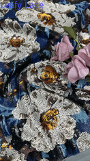 Floral Sequin Embroidered Lace Fabric Leafy 100% Polyester Customized New Collections