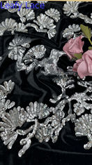 Leafy Black Flocked Tulle Lace Sequins  Sliver Detailed Fabric for Statement Formal Dresses