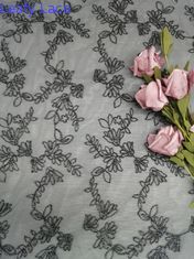 Black Flower Corded Embroidery All Over Lace Fabric Silver Tulle Mesh