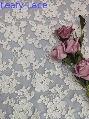 Beige Color 3D Floral Corded Lace Fabric Polyester Cotton Cording Yarn