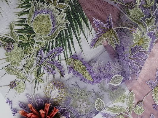 Floral Colored Embroidered Lace Fabric For Women Garment