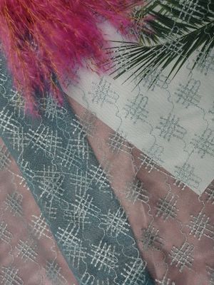 Geometric Embroidery Party Blue Printed Lace Fabric