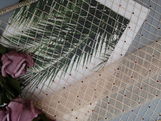 Khaki Diamond Shape Red Beaded Embroidery Fabric For Evening Dress