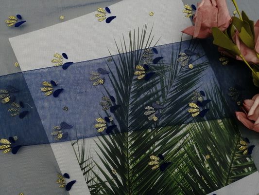 Royal Blue Metallic Flocked Lace Glitter Tulle Mesh Foil printed Fabric