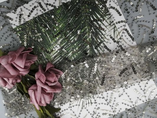 Party Grey Embroidered Sequin Lace Fabric For Wedding Dress