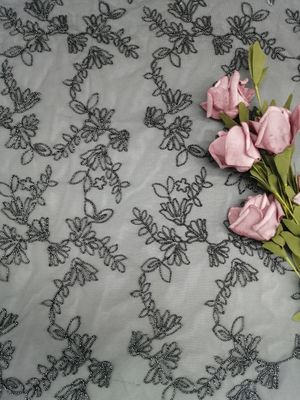 Black Flower Corded Embroidery All Over Lace Fabric Silver Tulle Mesh