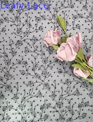 Fancy Tulle Flocked Lace Fabric Black Flower Embroidered Fabric