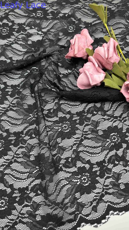 Full Width Stretch Lace Fabric In Black Elegant Floral Patterns And Scalloped Edges For Fashion Women Dress