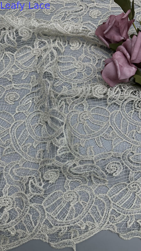 100% Polyester French Chantilly Lace Fabric For Garments Gowns Hollow-up White Color Wedding Dresses