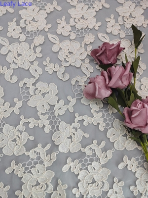Beige Color 3D Floral Corded Lace Fabric Polyester Cotton Cording Yarn