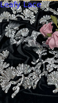Leafy Black Flocked Tulle Lace Sequins  Sliver Detailed Fabric for Statement Formal Dresses