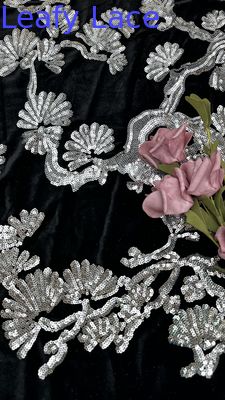 Leafy Black Flocked Tulle Lace Sequins  Sliver Detailed Fabric for Statement Formal Dresses