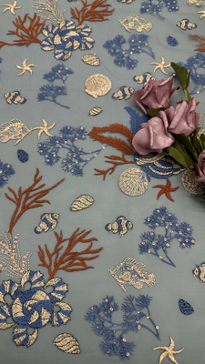 Sea Fish Embroideded Chinese Culture Luxary Mesh Funny Breathe Fabric For Party Gowns