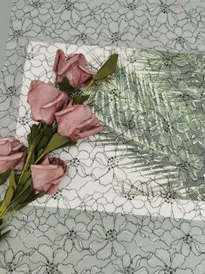 142CM All Over Swiss Floral Polyester Lace Trim Silver Contrast Embroidery