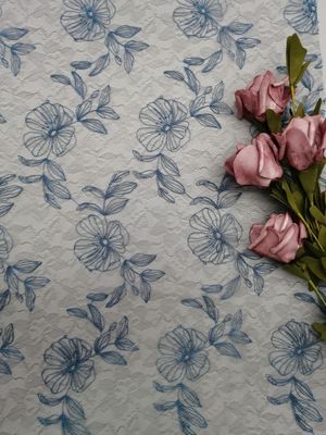 Blue Voile Embroidered Lace Fabric Floral Tulle Mesh
