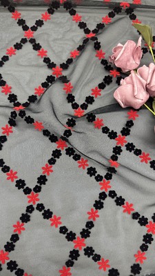 Samll Flower Rose & Black Flocked Mesh Lace Quality Customized for Gown